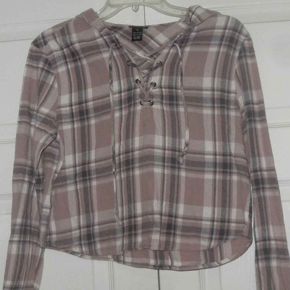 Cropped Flannel Lace Up Hoodie